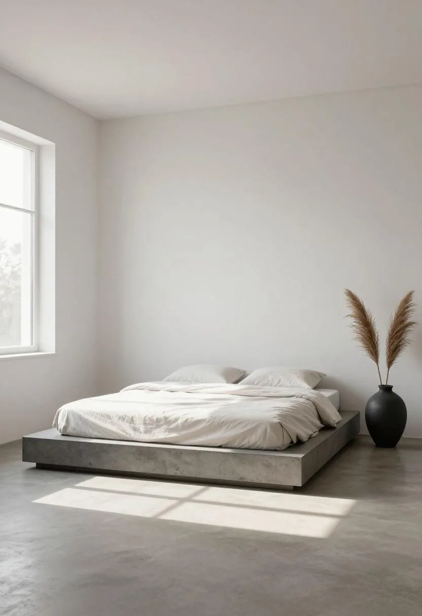 Charcoal concrete effect japandi platform bed with dried pampas grass in cool morning light