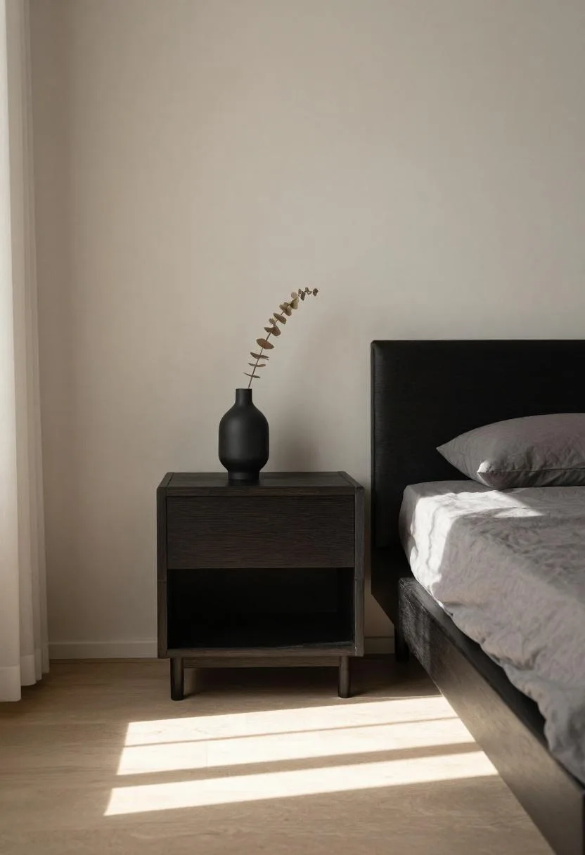 Japandi dark bamboo nightstand with black matte vase and eucalyptus stem beside charcoal cotton bedding