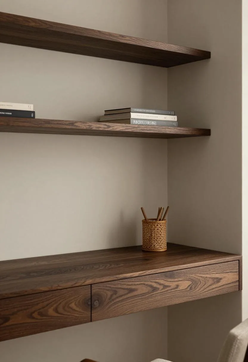 Japandi-style dark oak closet office with open floating shelves and rattan desk accessories