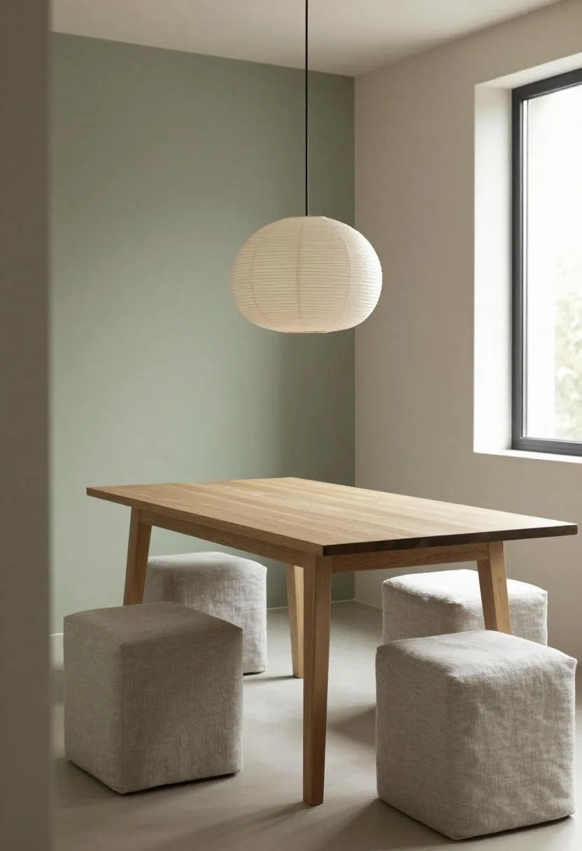 Japandi dining nook with ash table, washi paper pendant lamp, and linen cushion stools in warm morning light