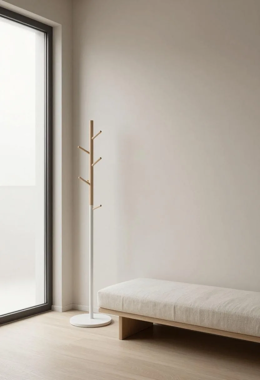 Interior design - japandi entry wall mounted oak coat rack linen bench