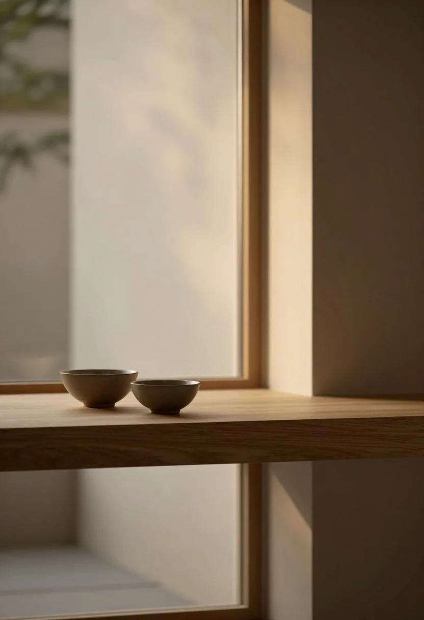 Japandi hinoki shelf with two brown ceramic bowls in golden backlight with intentional empty space