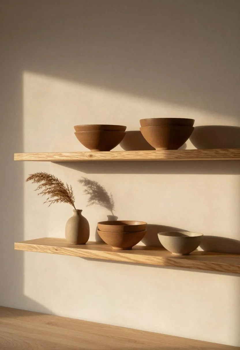 Japandi hinoki open shelves with brown clay bowls and dried pampas grass in soft golden light