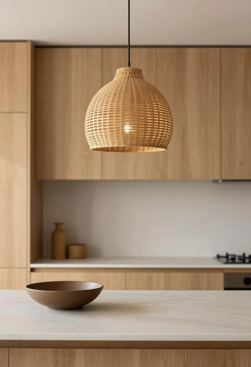 Japandi kitchen with bamboo pendant lamp and ceramic bowl accent bathed in golden hour light