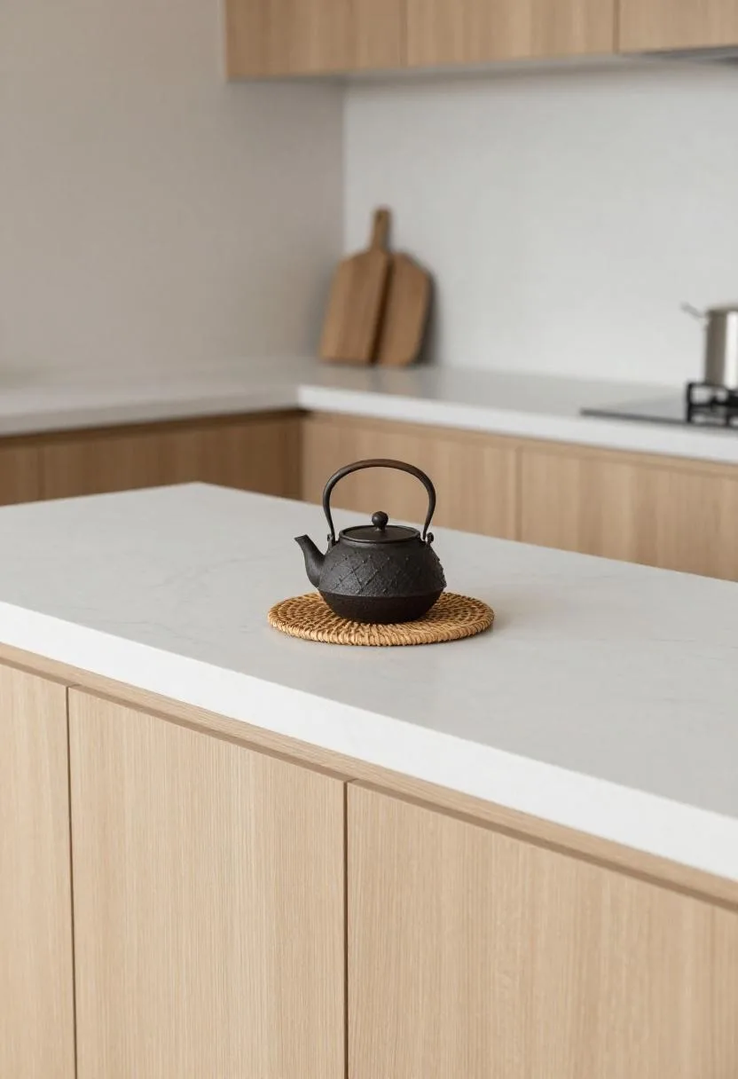Japandi kitchen with light birch cabinet door, white marble counter, cast iron teapot, and woven rattan mat