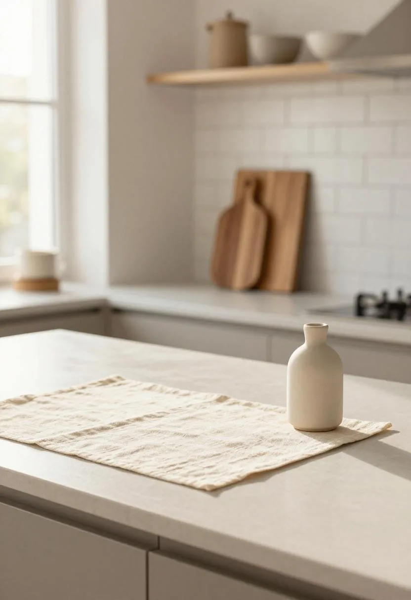 Japandi kitchen counter with warm cream linen placemat, walnut cutting board, and ceramic oil dispenser in natural light