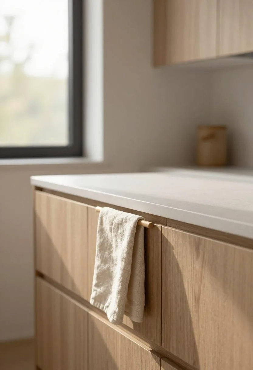 Interior design - japandi kitchen oak cabinets cream linen morning light
