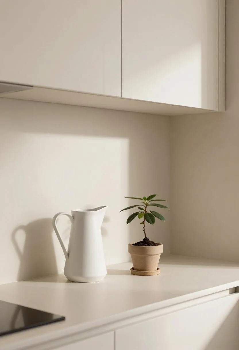 Japandi kitchen shelf with a white porcelain pitcher and small bonsai in quiet symmetry