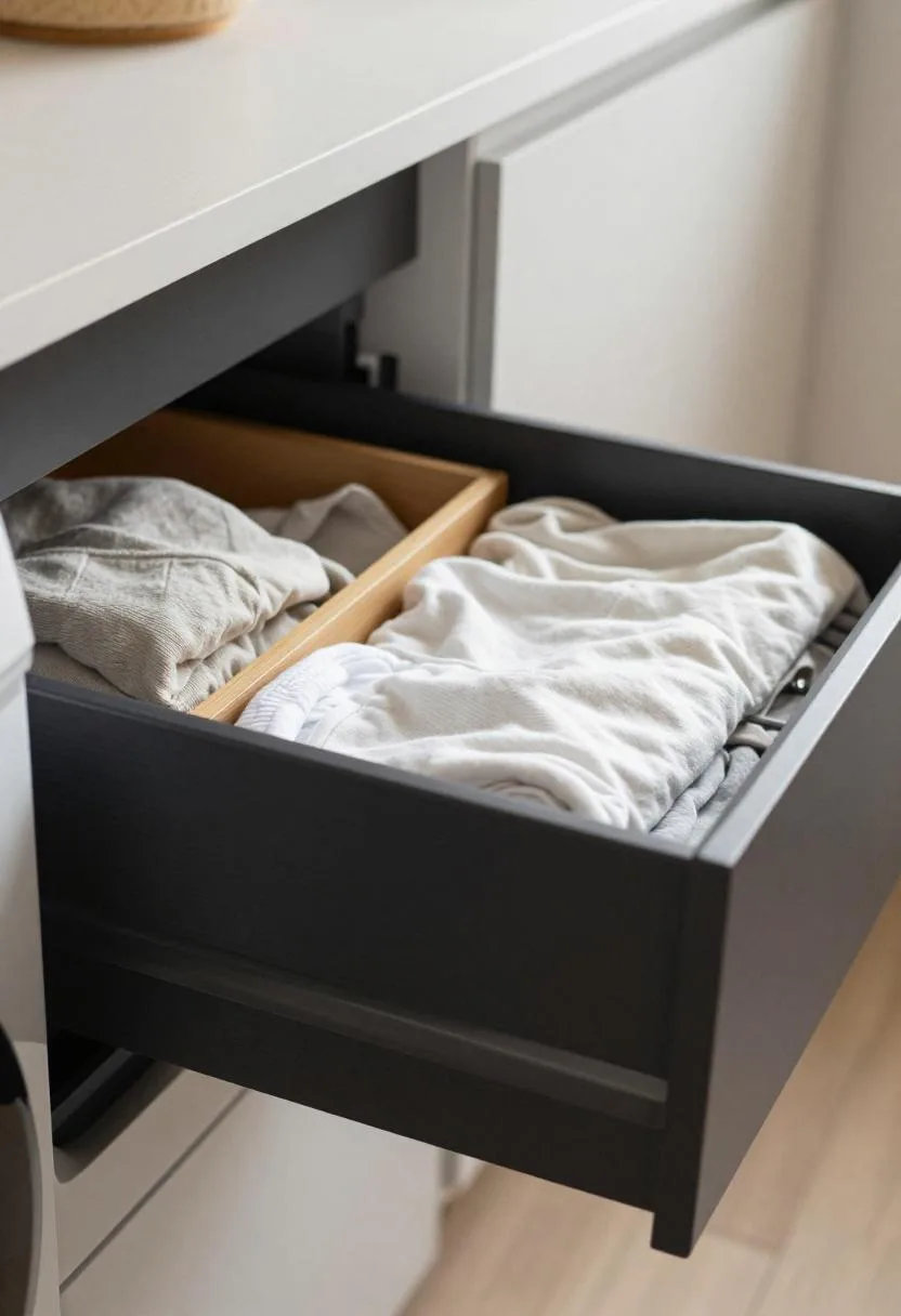 Japandi laundry room with matte black pull-out drawer and bamboo garment organizer