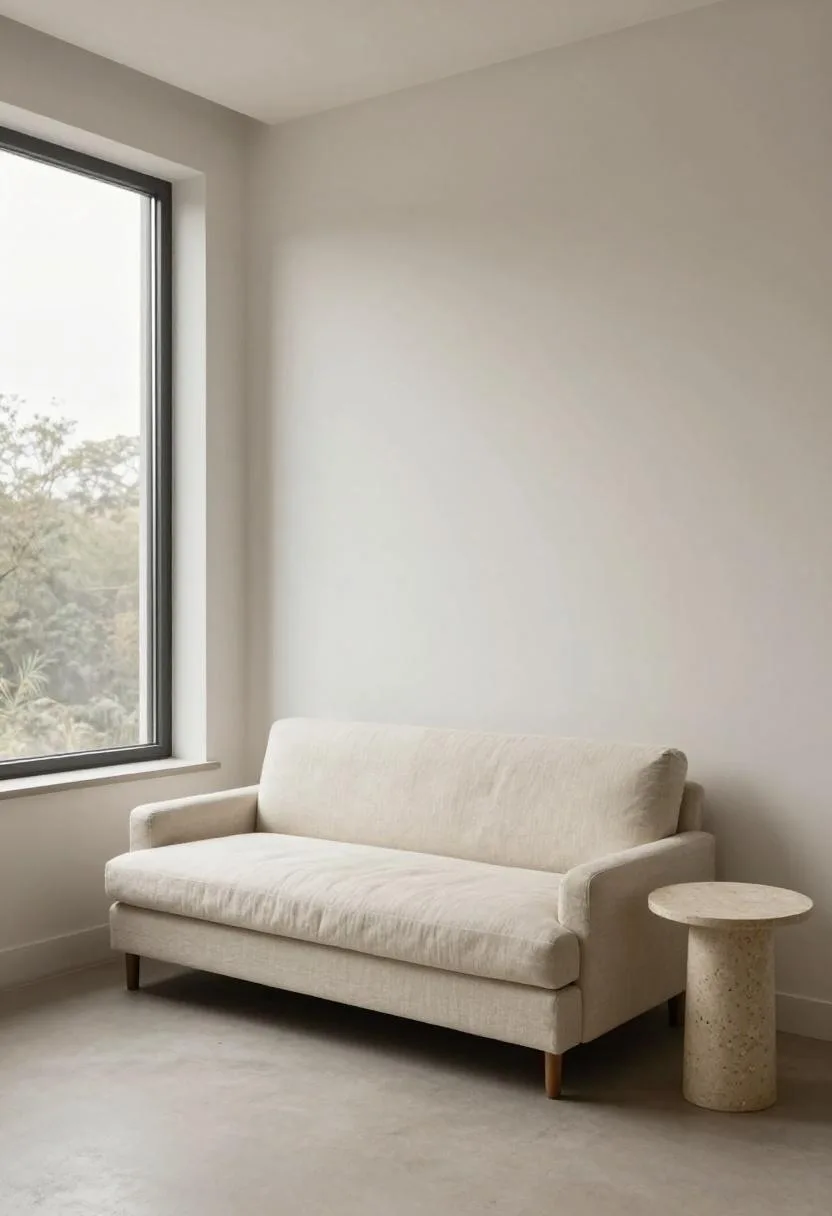Compact Japandi living room with cream linen sofa and travertine side table
