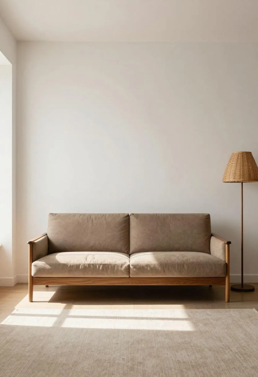 Japandi living room with low walnut sofa and taupe boucle upholstery maximizing the sense of ceiling height in a small space