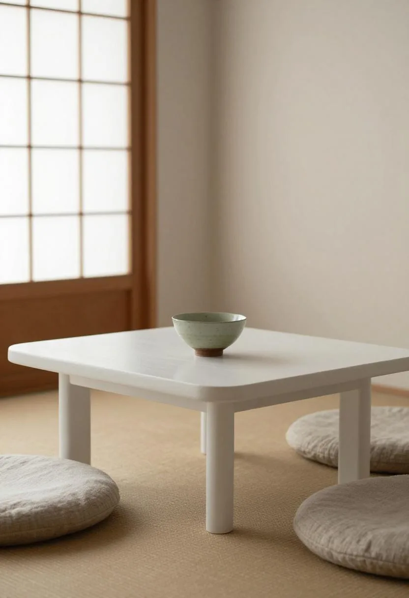 Japandi breakfast nook with low ash table, cotton floor cushions and matcha bowl
