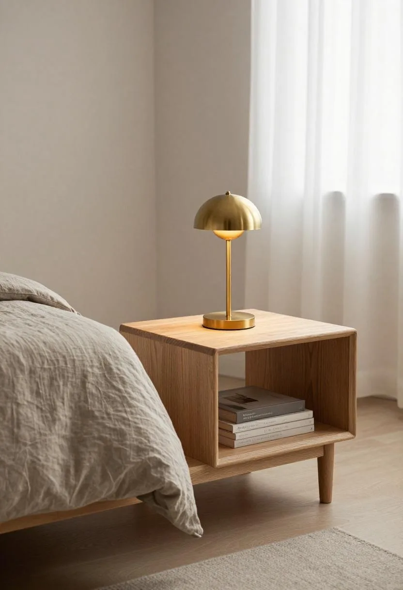 Japandi oak nightstand with brass lamp beside a taupe linen bed in soft overcast light