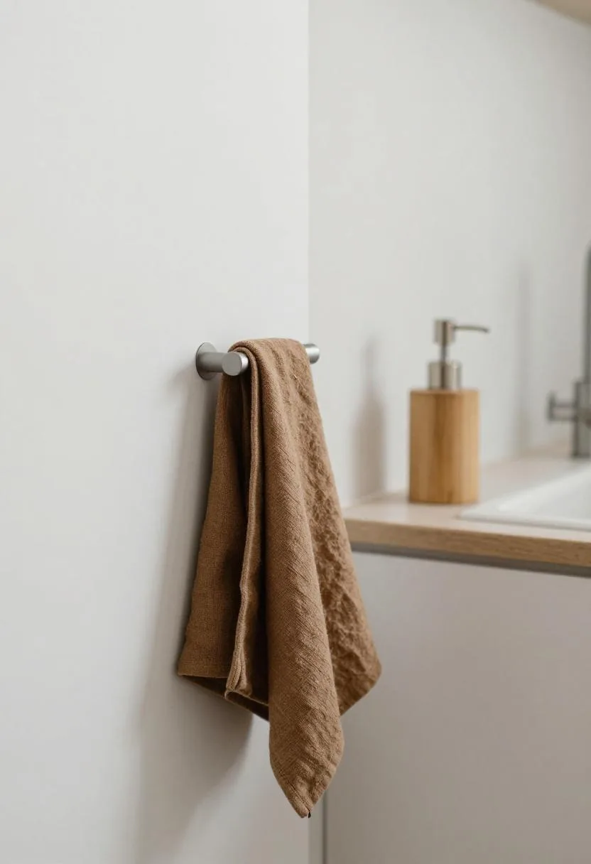Japandi sink corner with a brown linen towel and bamboo soap dispenser in minimal arrangement