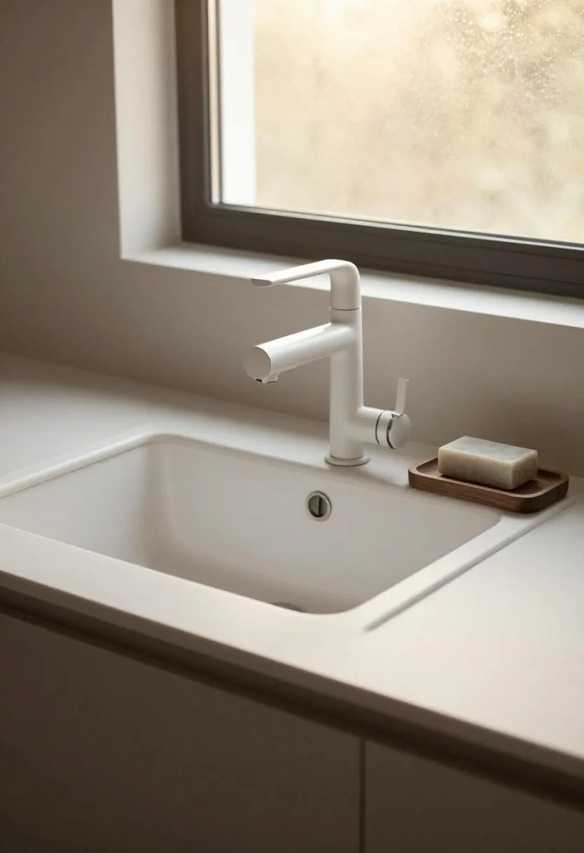 Japandi kitchen sink area with dark walnut soap dish and natural stone soap bar in warm evening light