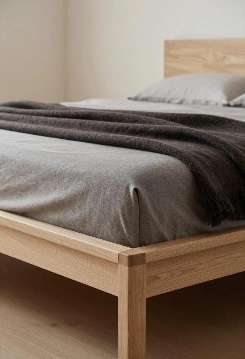 Smoked ash japandi platform bed with deep espresso wool blanket in diffused ambient light