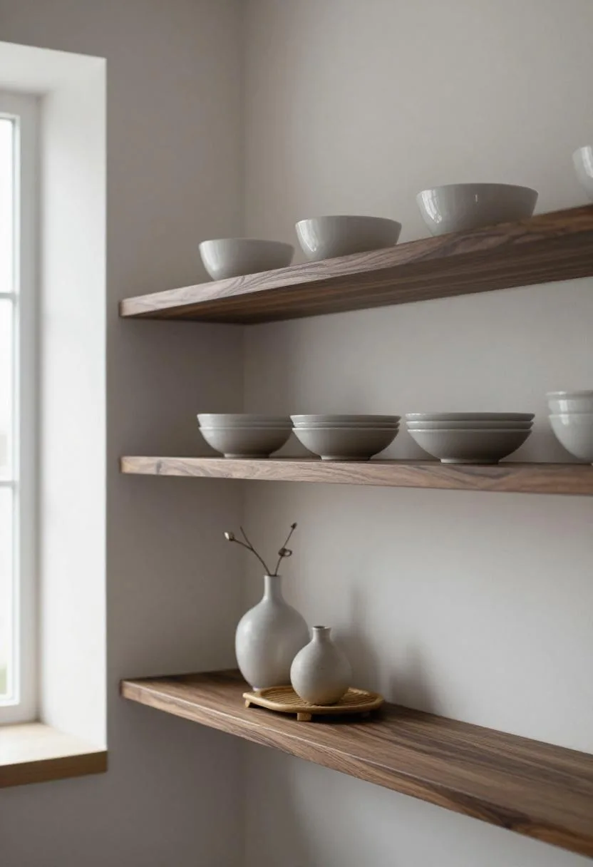 Japandi dark walnut floating shelves displaying white porcelain bowls and a woven bamboo tray