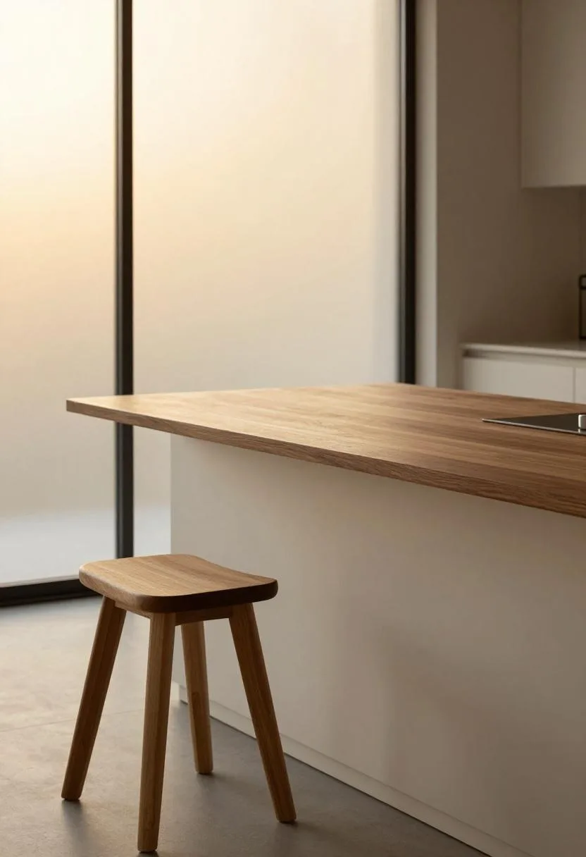 Japandi walnut-top island with white lacquered base and oak saddle stool