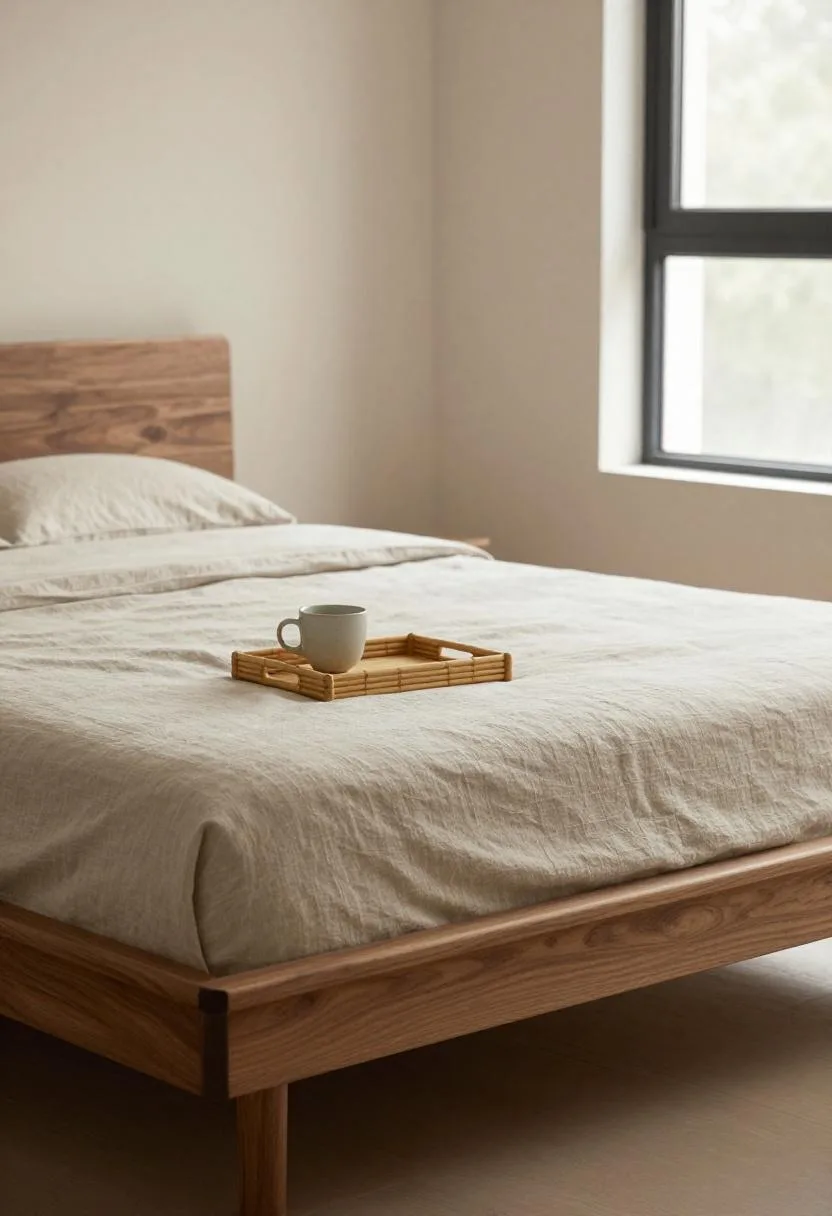 Japandi walnut platform bed with warm greige linen bedding and bamboo tray in afternoon light