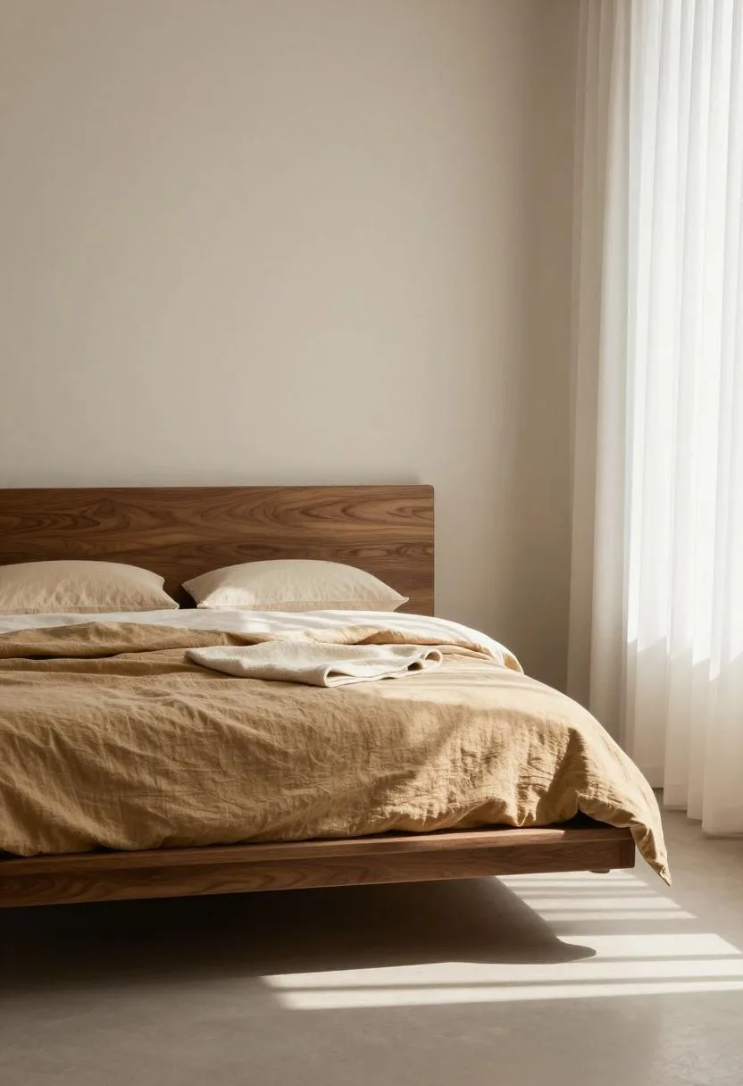 Interior design - japandi walnut platform bed tan linen morning