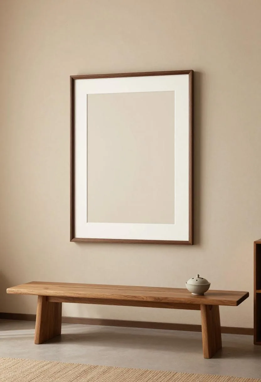 Single walnut-framed statement print above an oak bench in japandi style