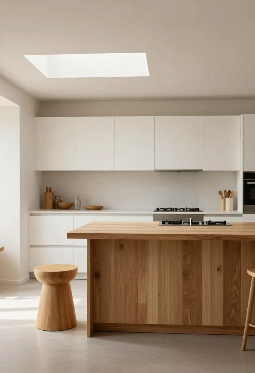 Japandi white oak kitchen with teak island and bamboo stool