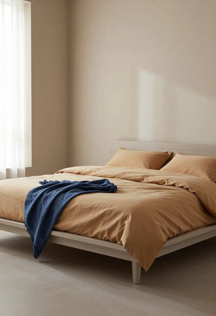 Japanese ash platform bed with warm tan cotton bedding and traditional washi paper wall panel
