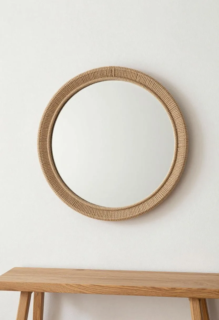 Round jute rope-wrapped mirror above a slim oak console in a hallway