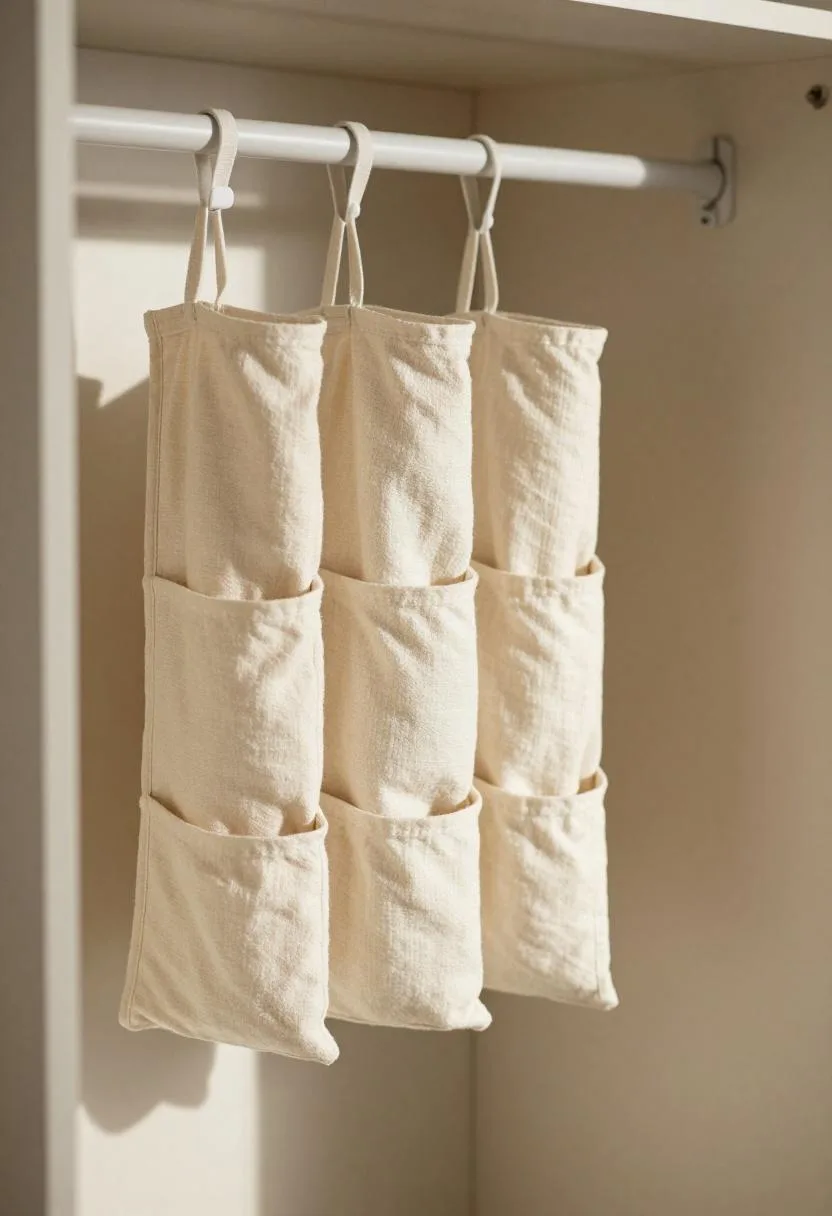 Cream linen hanging closet organizer with neatly folded kids' clothes sorted by type