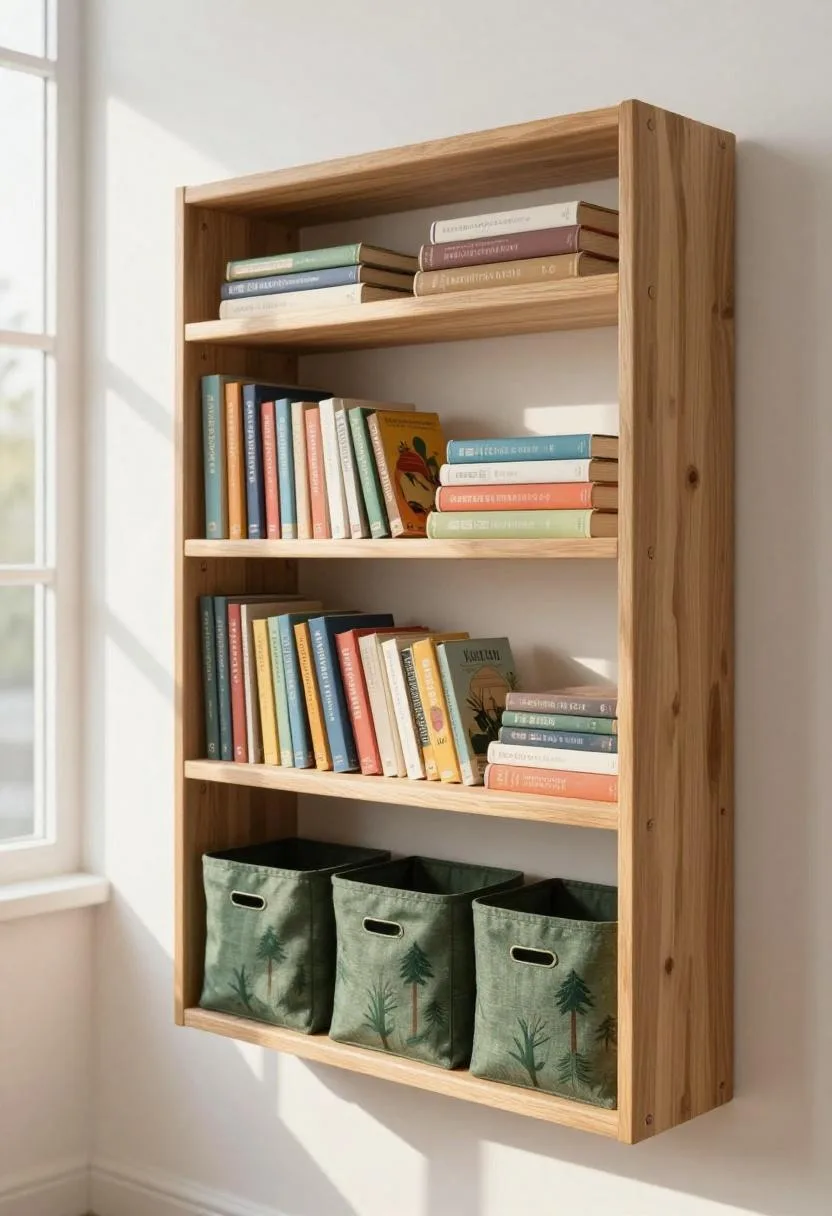 Interior design - kids room pine bookshelf green linen bin books