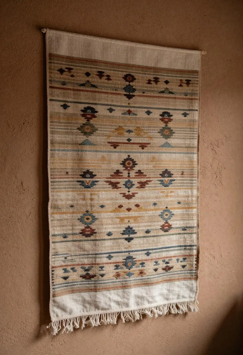 Vintage kilim textile panel against a clay-plaster accent wall beside a linen headboard in a bohemian bedroom