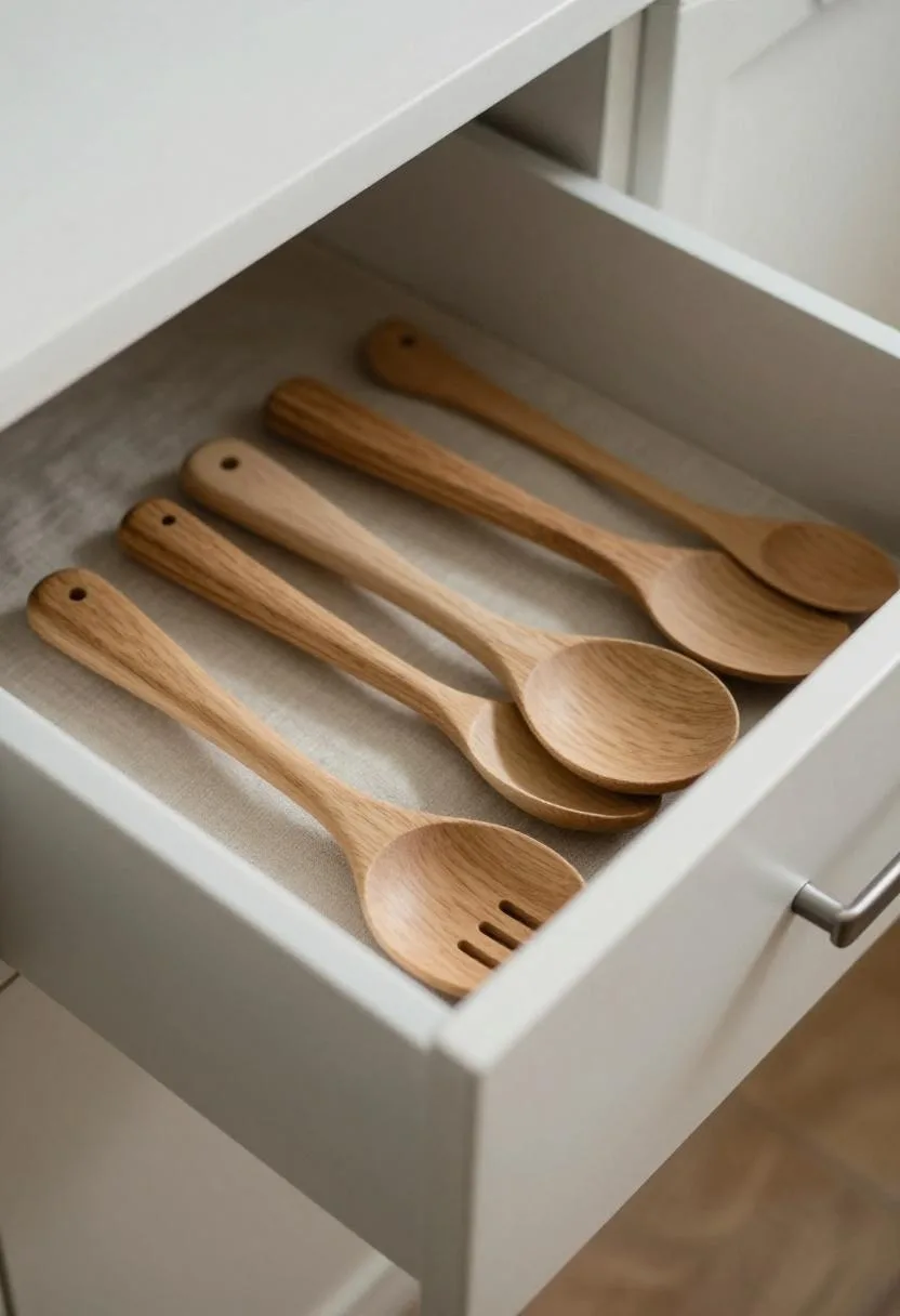 Open kitchen drawer with soft linen drawer liner and organized oak-handled utensils in soft diffused light