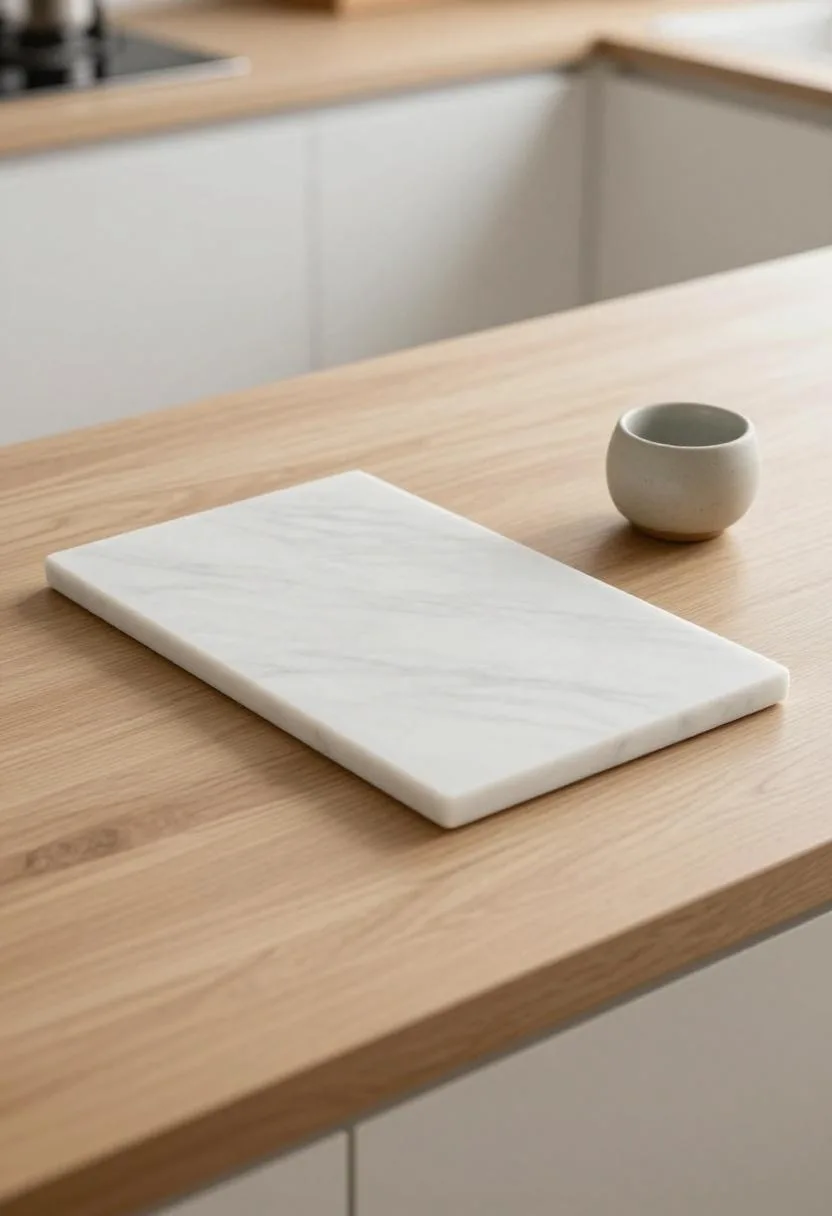 Overhead kitchen island vignette featuring white marble cutting board and small ceramic salt cellar