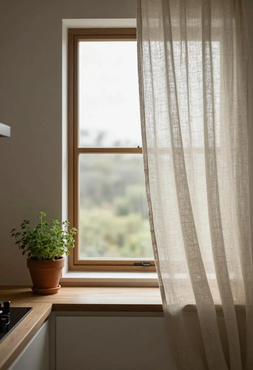 Kitchen windowsill with natural linen curtain panel and terracotta herb pot in gentle afternoon daylight