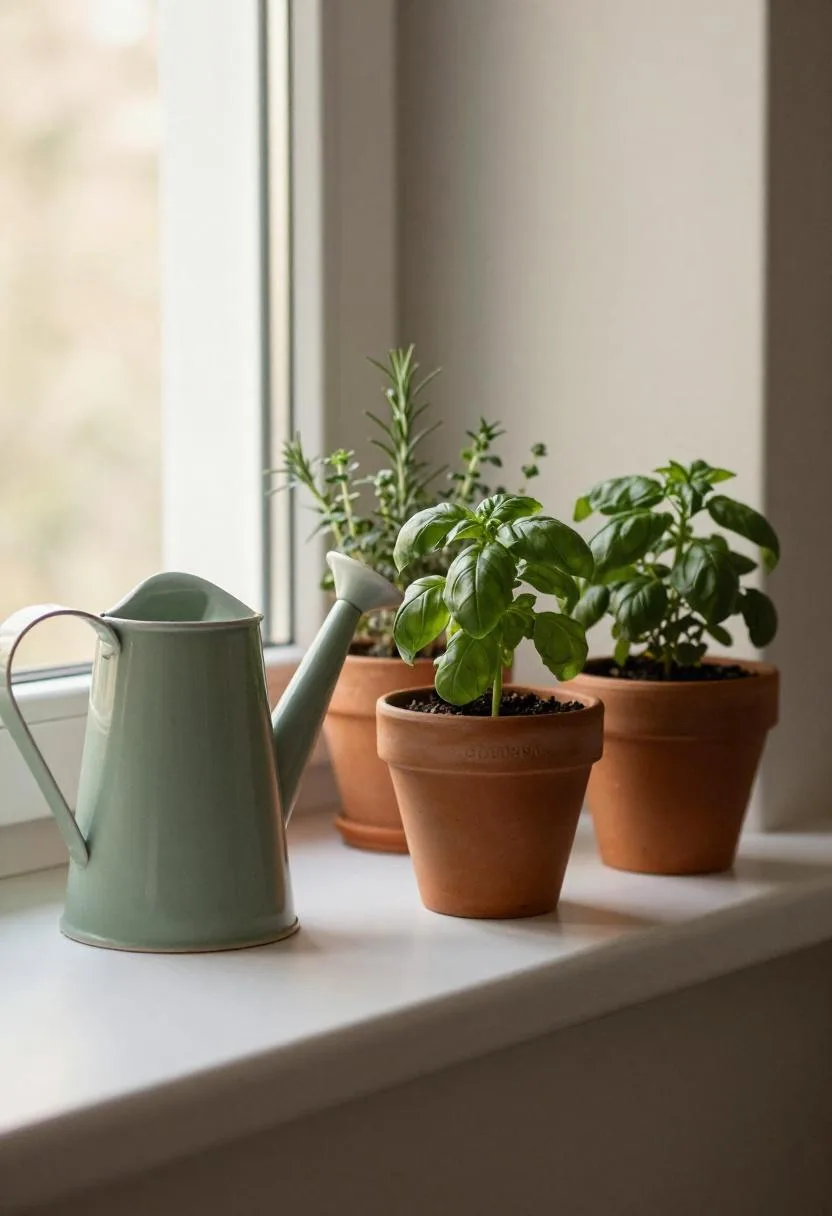 Kitchen windowsill with sage green ceramic watering can and terracotta herb pots catching morning light
