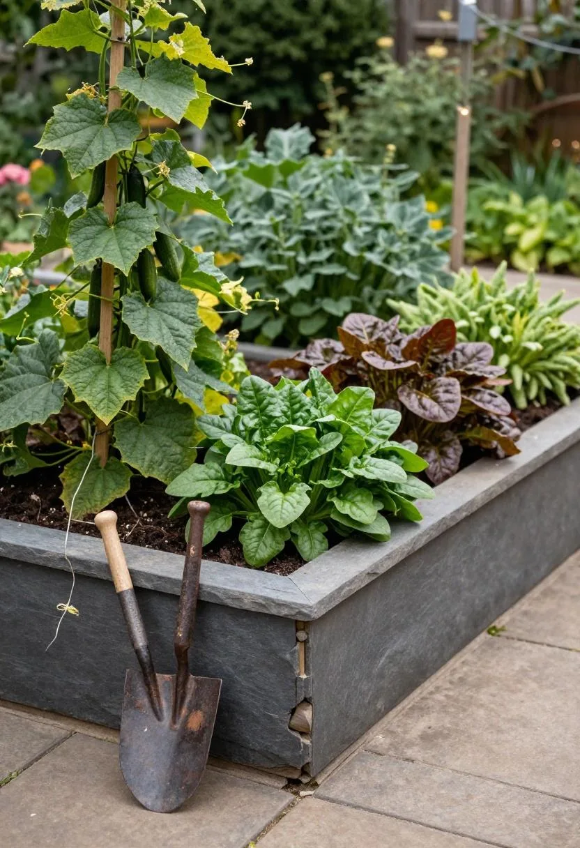 L-shaped slate raised bed with cucumbers and spinach in a cottage garden corner