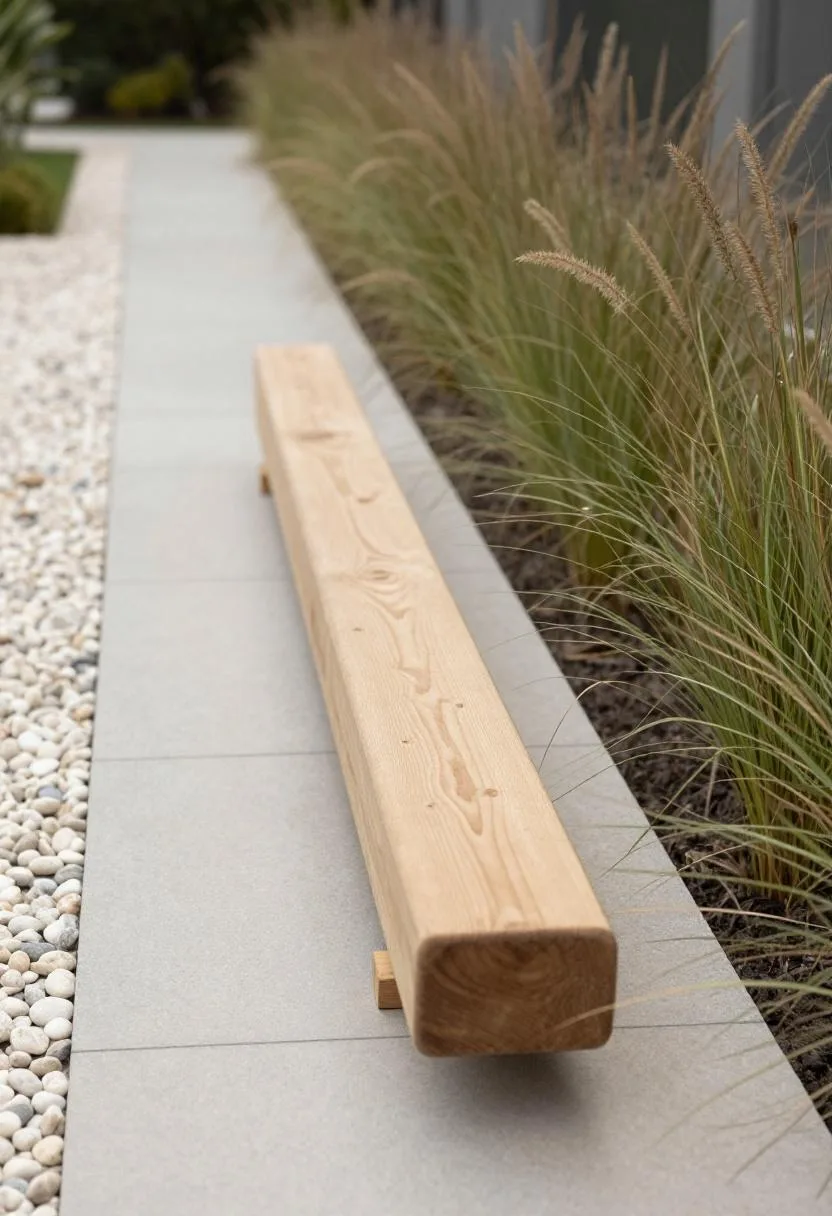 Low larch balance beam edging a garden path between ornamental grasses and pebble border