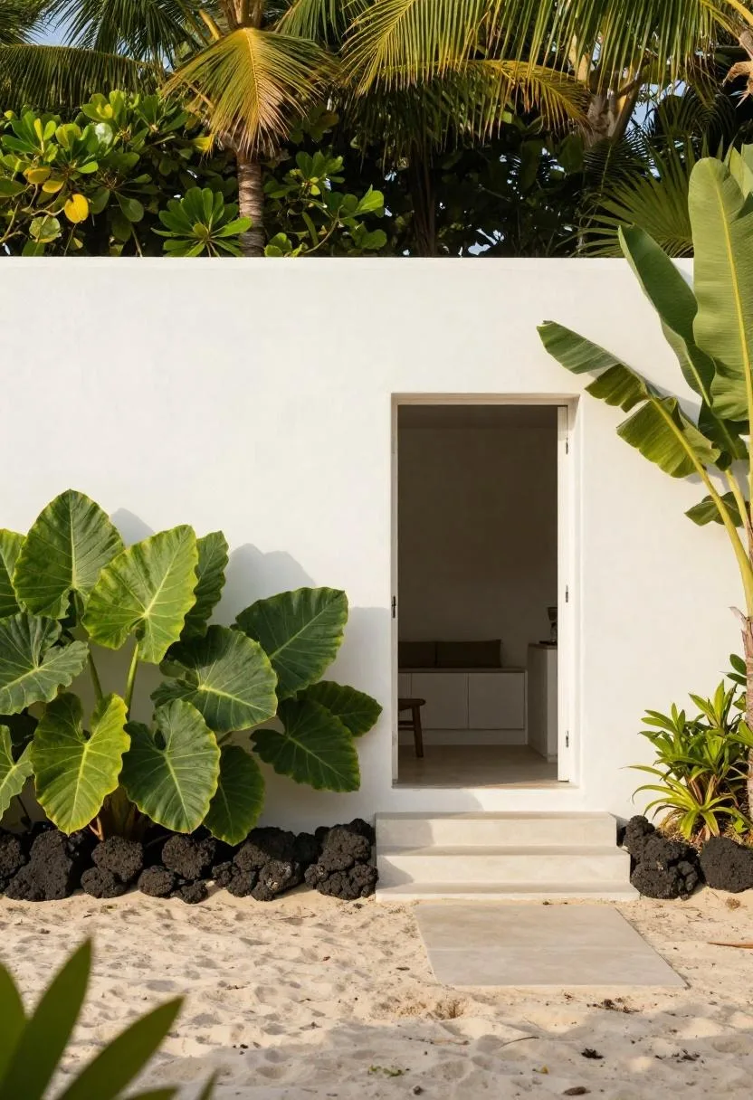 Lava-rock-edged elephant ear bed in bold medium green anchoring the left side of a tropical bungalow entry