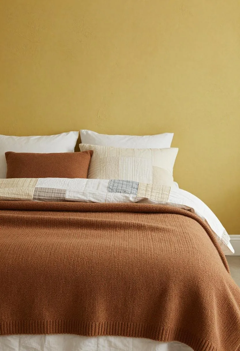 Overhead view of a layered bed with chunky-knit wool and a patchwork quilt against a lime plaster wall in a bohemian bedroom