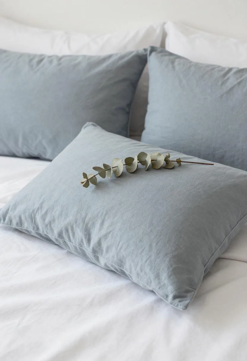 Layered blue-grey linen pillows arranged on a white cotton duvet with a fresh eucalyptus sprig detail