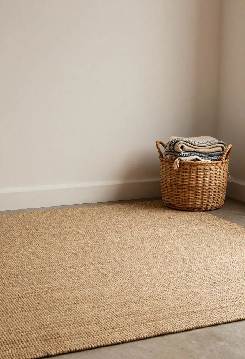 Layered jute and Moroccan wool rug combination on a living room floor with a wicker basket of rolled blankets to the side