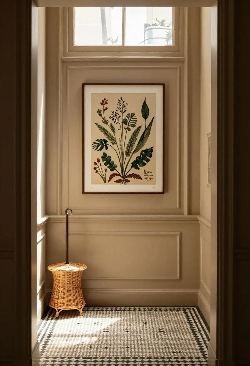 Layered picture-rail and baseboard trim in warm beige framing a maximalist entryway gallery wall with architectural intention