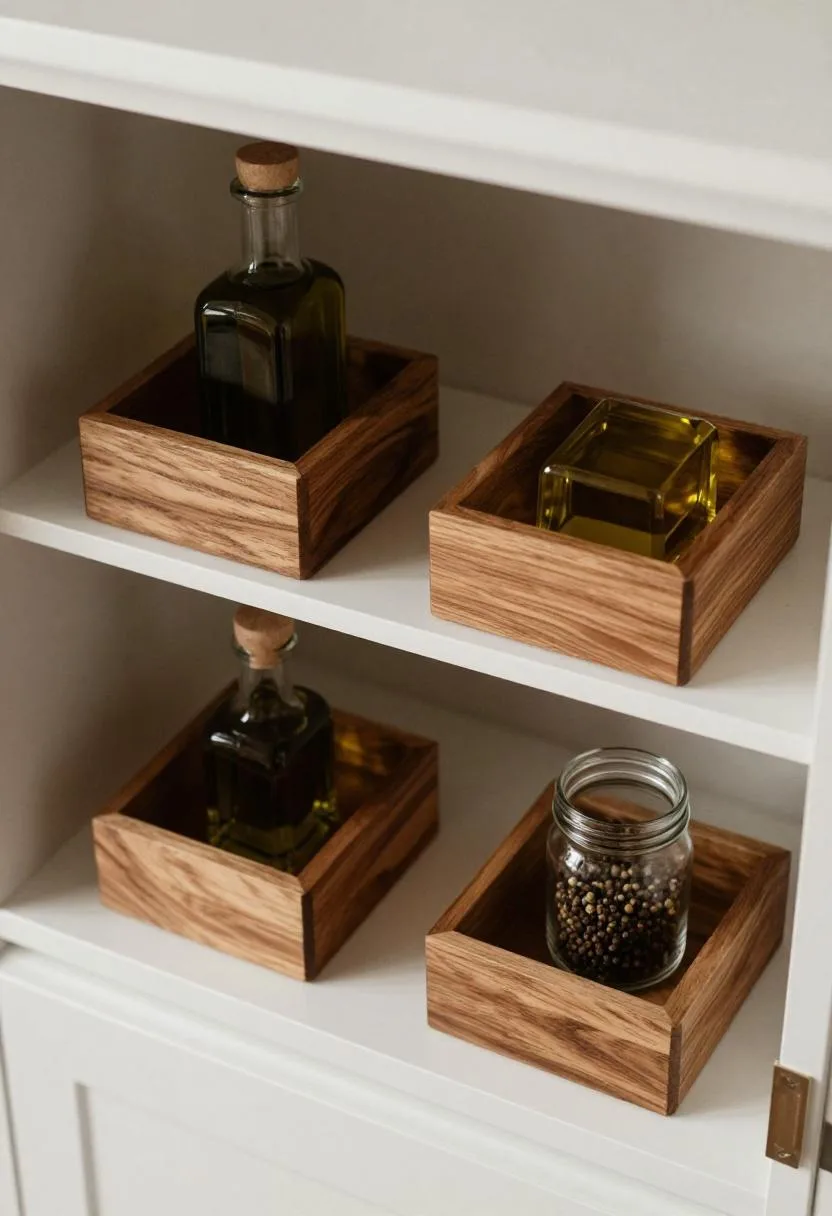 Lazy Susan turntables on a pantry shelf keeping oils, vinegars, and condiments accessible with a simple spin