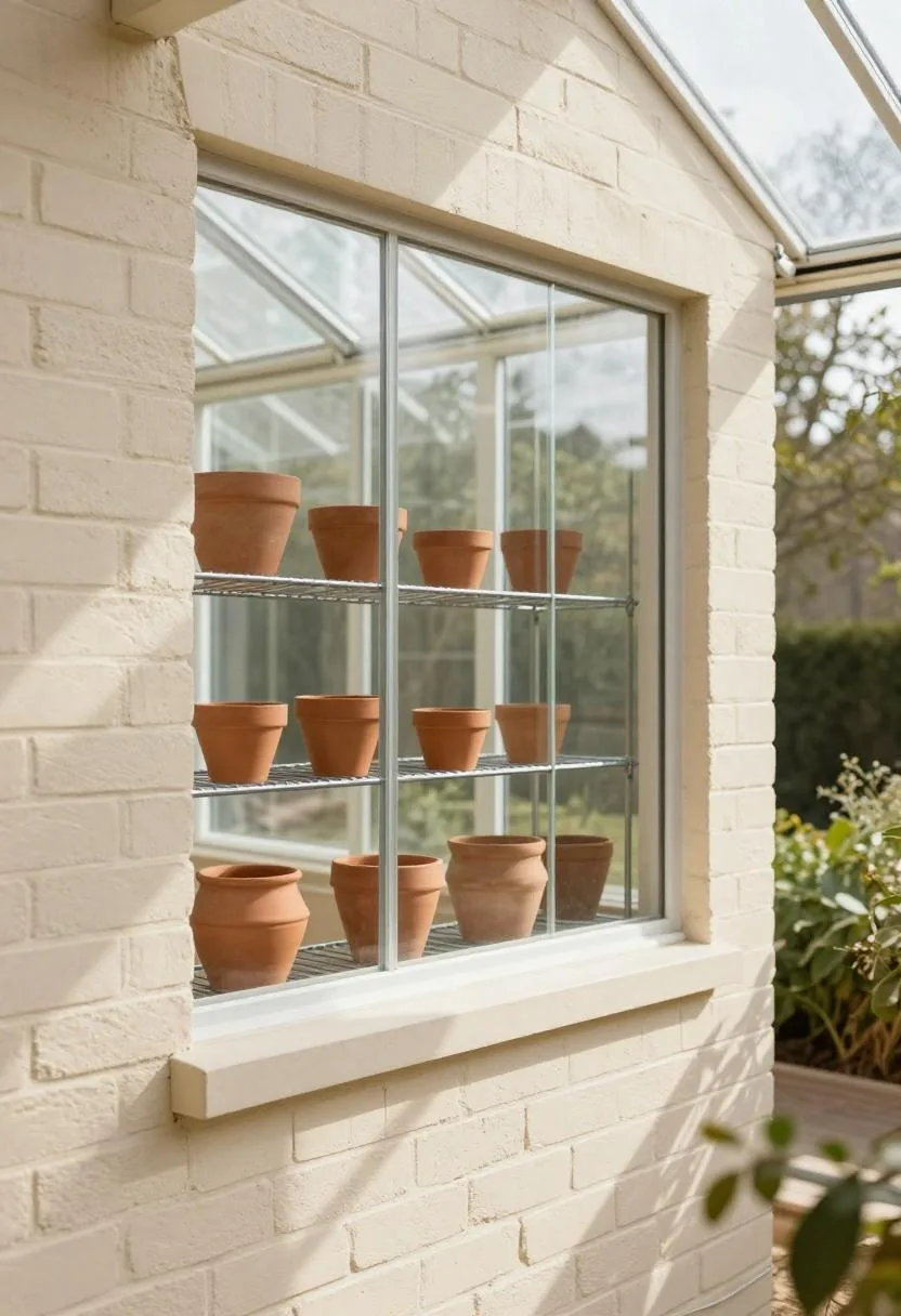 Minimal lean-to glass greenhouse with a steel wire shelf of graduated clay pots against cream brick