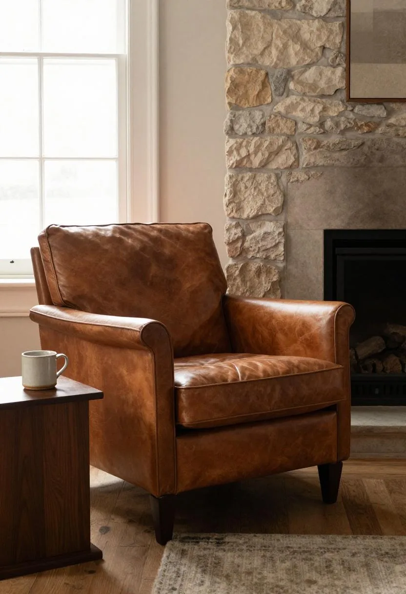 Warm chestnut leather armchair beside a stone fireplace with a walnut side table