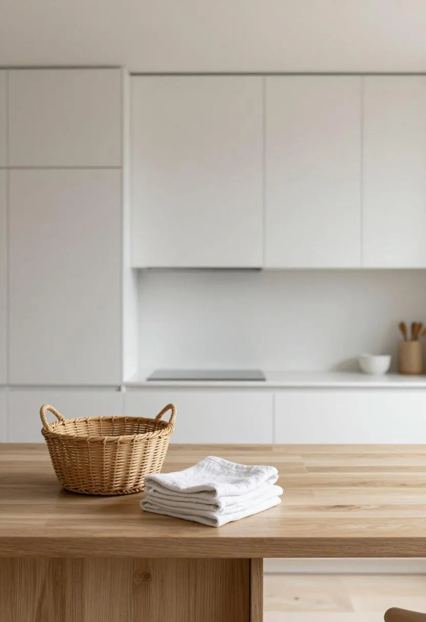Lime-washed Japandi kitchen with oak cabinets and rattan basket holding folded linen towels