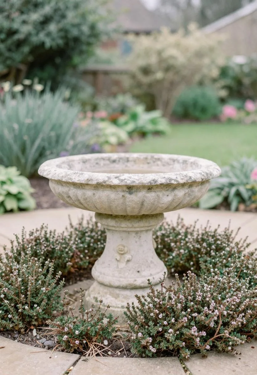 Limestone birdbath surrounded by creeping thyme in a sunlit cottage garden