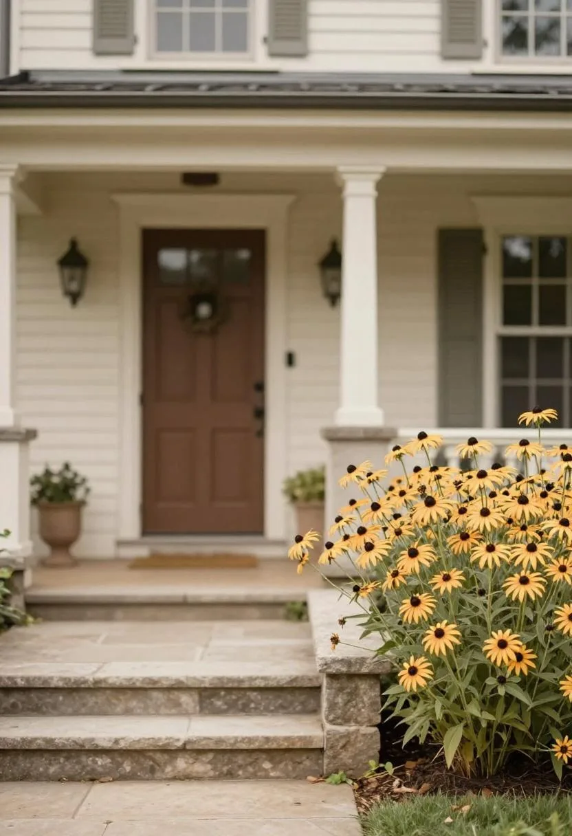 Limestone-edged foundation bed of pale wheat Black-eyed Susans along a colonial house front