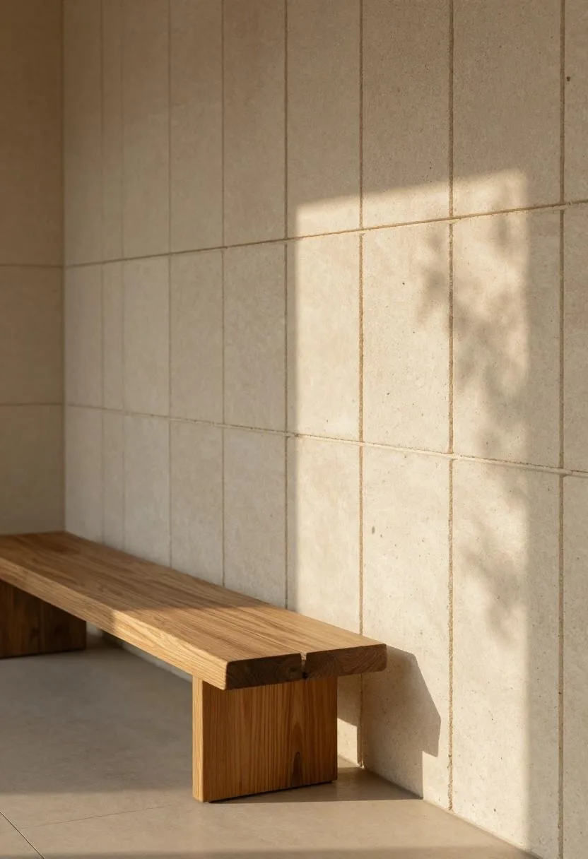 A limestone gabion wire wall paired with a walnut bench for a textural modern outdoor privacy solution