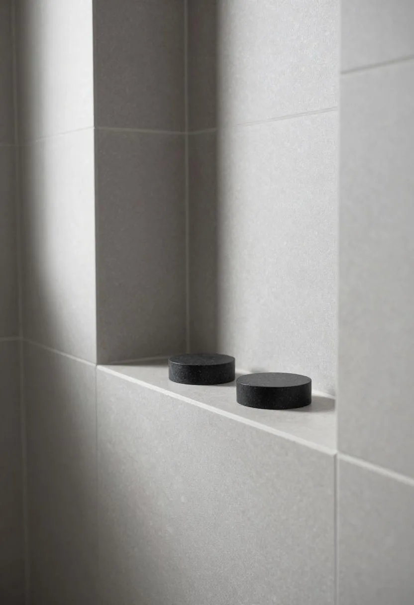 Limestone shower niche with two matte black basalt soap dishes placed deliberately on the lower shelf